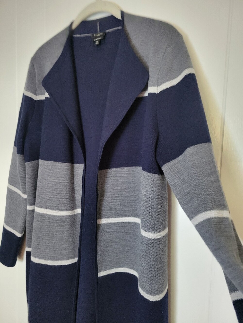 Talbots Striped Merino Wool Double Face Duster Cardigan Sweater Blue Gray MP - Picture 6 of 10